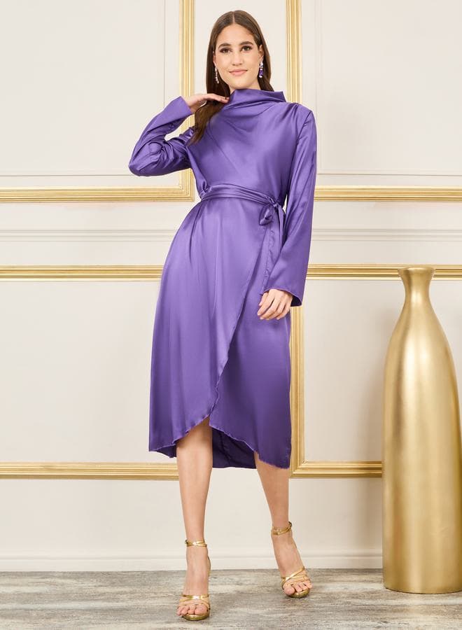 Styli Satin High Neck Tie Waist Midi Dress - Image 1
