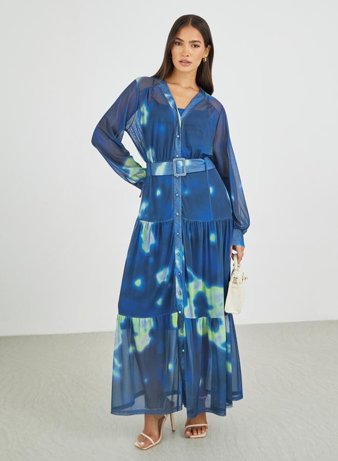 Tie-Dye V Neck Maxi Dress with Belt Detail - Image 1