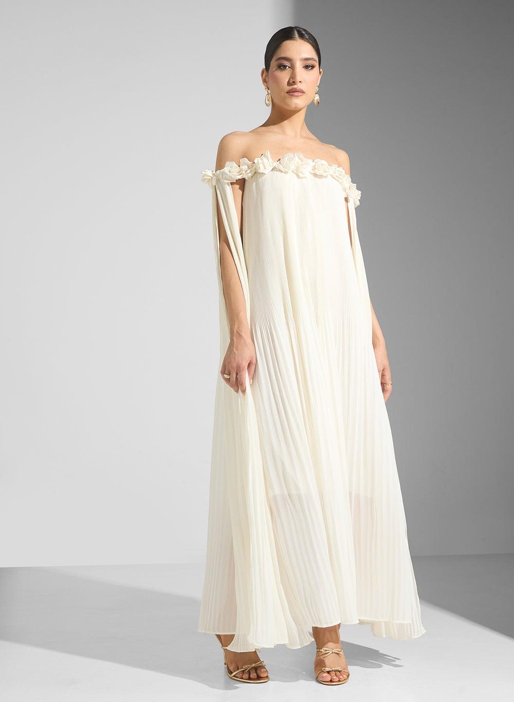 Beige Off-Shoulder Maxi Dress 6582 with 3D Florals - Image 1