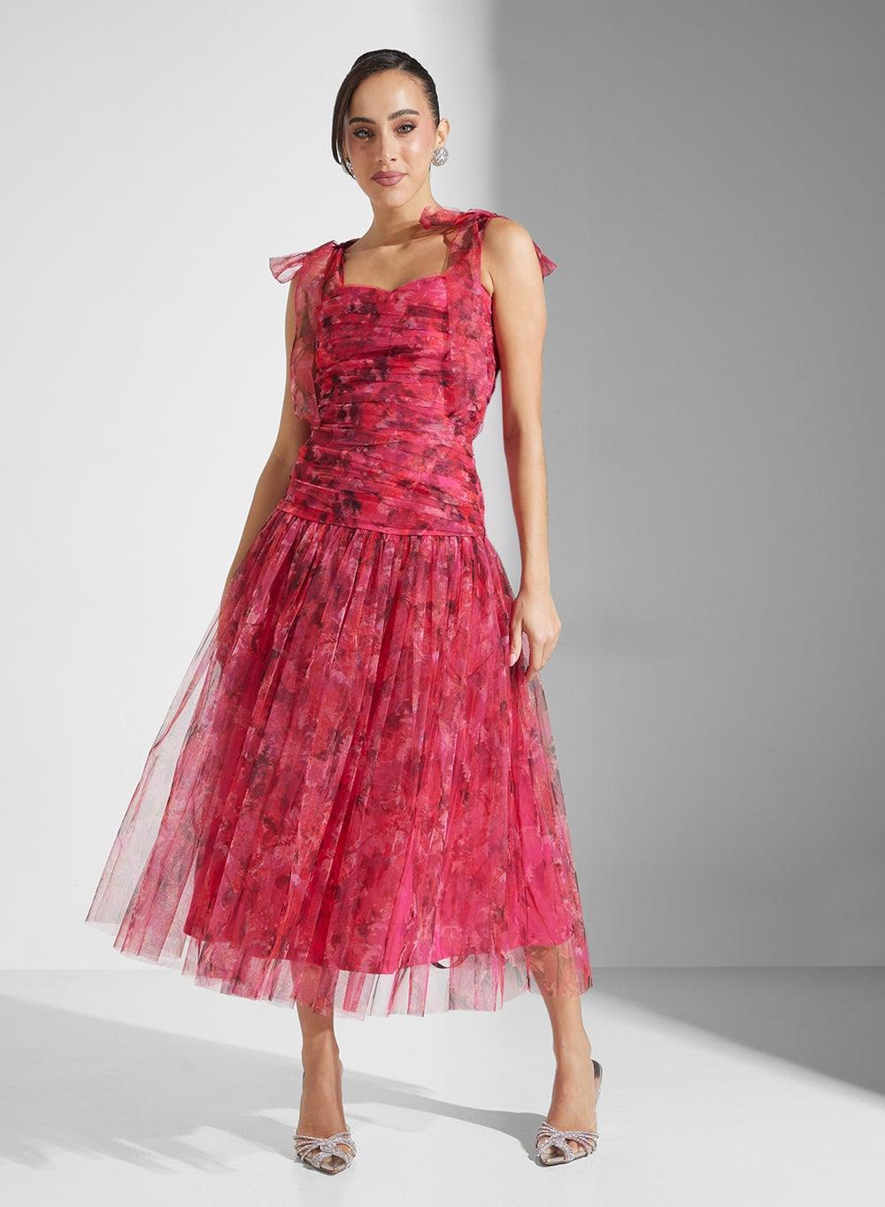 Floral Tulle Midi Dress In30167N Elegant Pink - Image 1