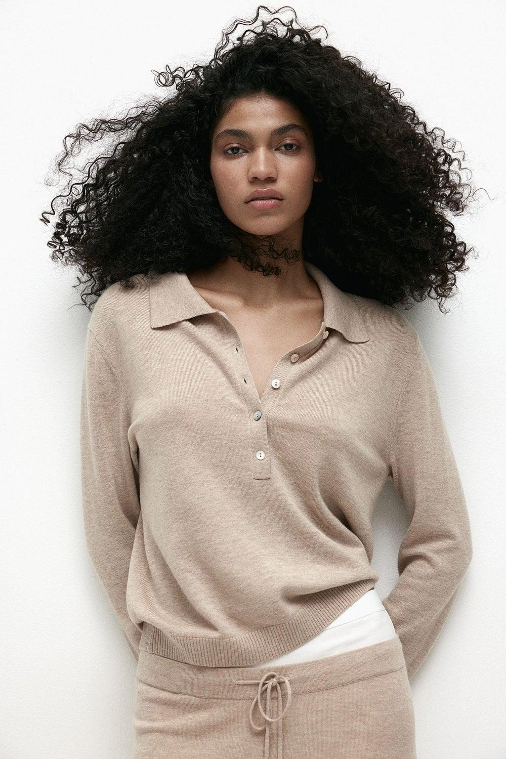 Cashmere Wool Blend Polo Shirt – Dusty Beige - Image 1