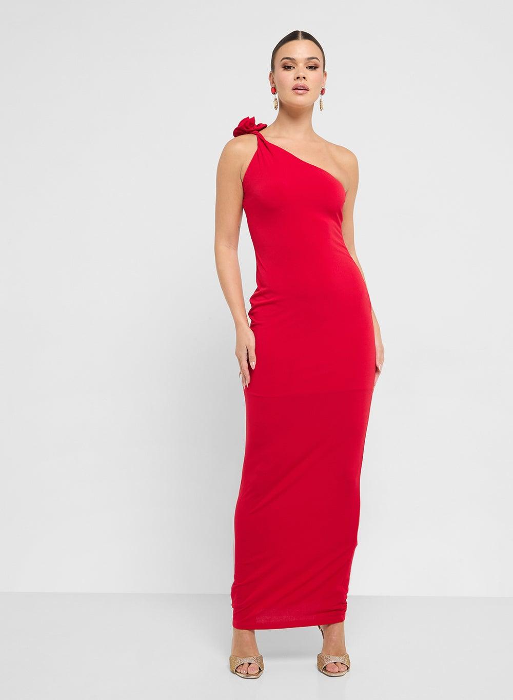 Ma0907 One-Shoulder Red Column Maxi Dress - Image 1
