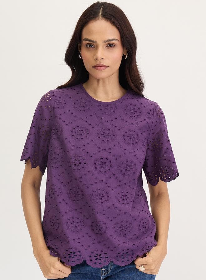 Femmella Purple Cotton Schiffli Textured Blouse - Image 1