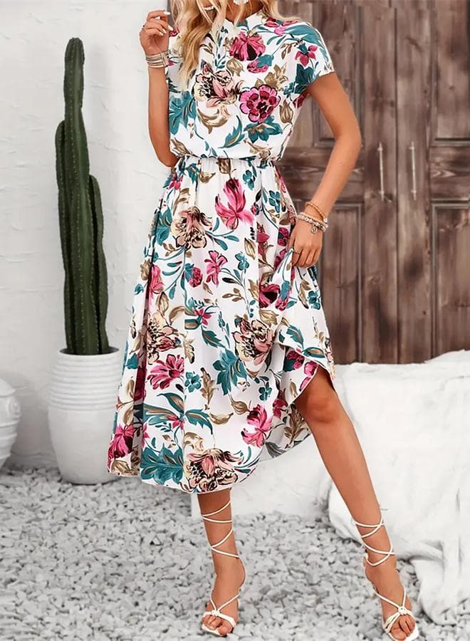 White Floral Midi Dress with High Neck Fit & Flare - Image 1