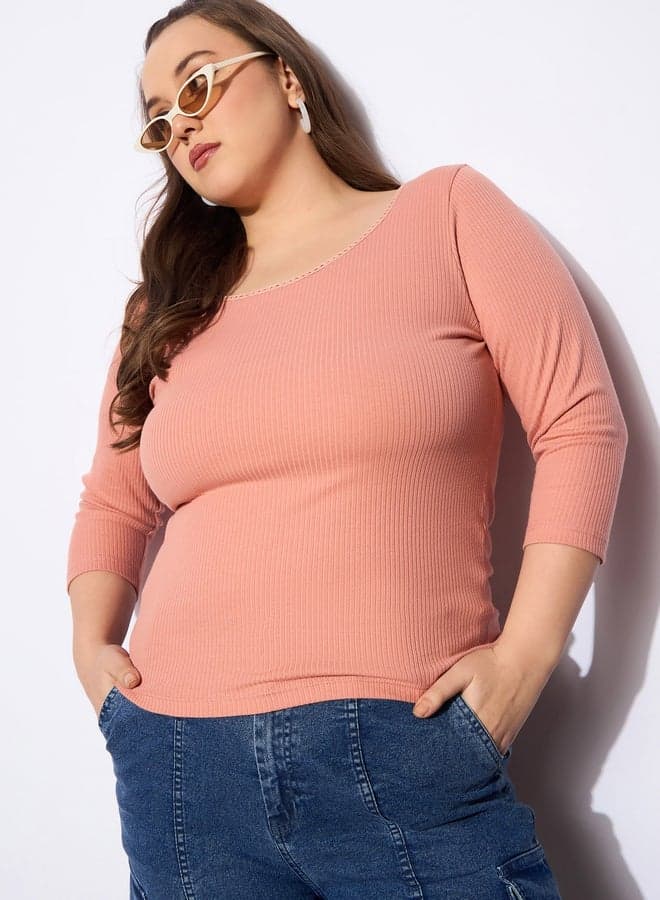 Plus Size Ribbed Lace Detail Round Neck Top Pink - Image 1