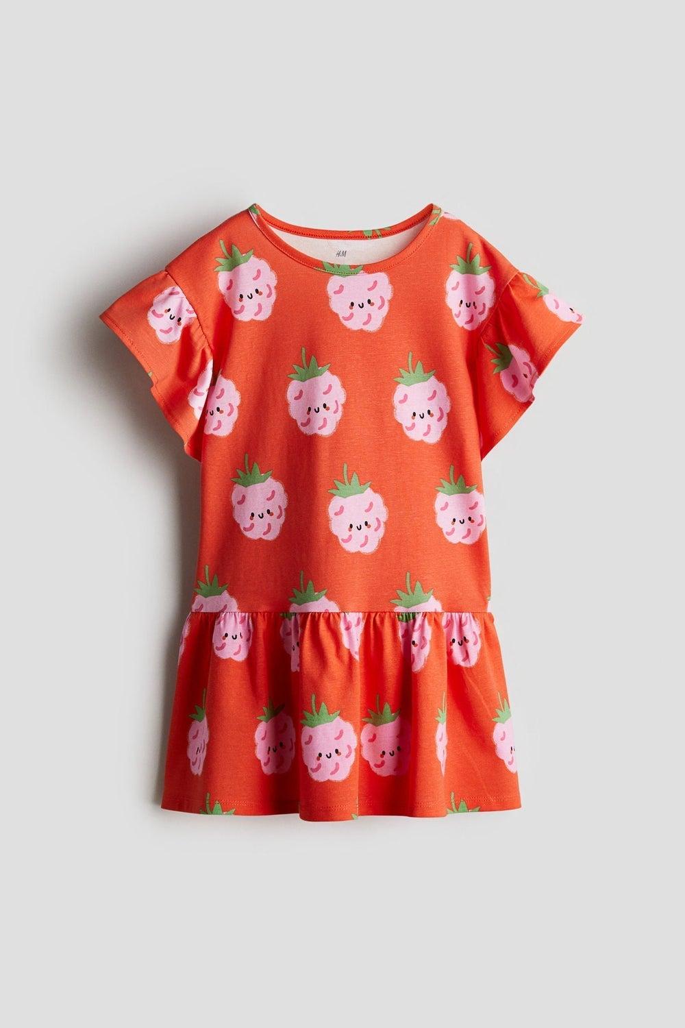 Girls Flutter Sleeve Cotton Mini Dress in Orange-Red - Image 1