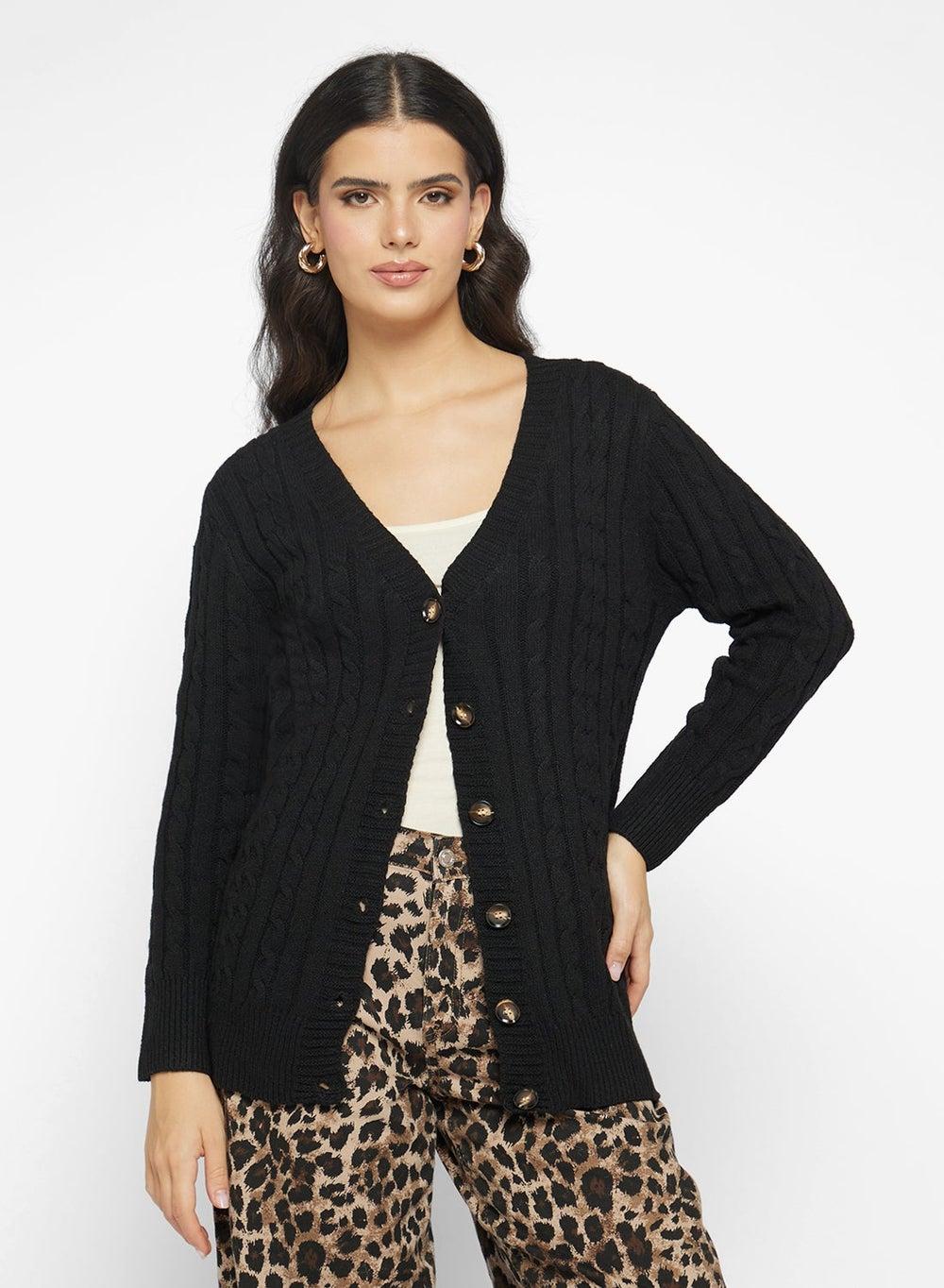 Black Longline V-Neck Knit Cardigan Y250520021 - Image 1