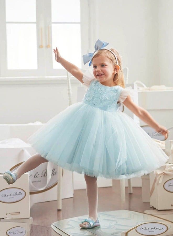 Sky Blue 3D Floral Maxi Party Dress - Image 1