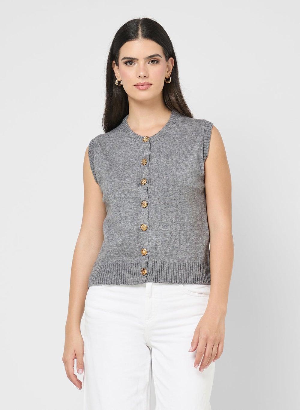 Grey Knitted Button Down Vest V6701 - Image 1