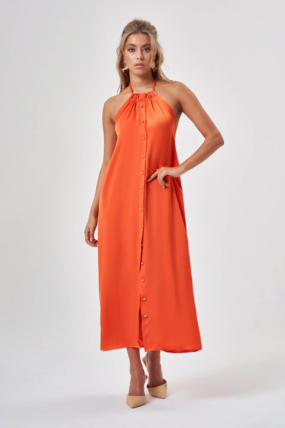 Orange Halter Button-Front Maxi Dress - Image 1