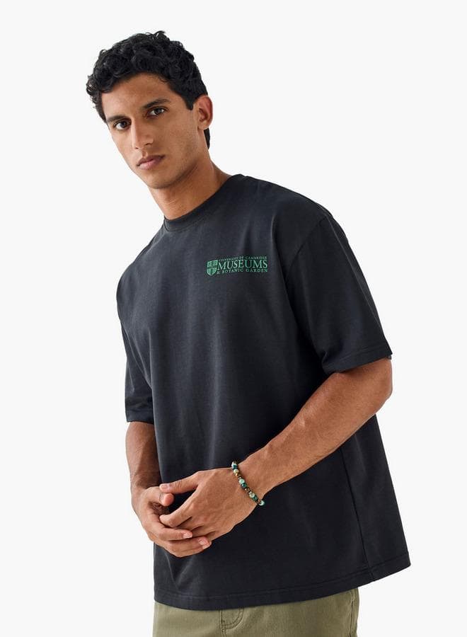 Beige Museum Print Crew Neck Cotton T-Shirt - Image 1