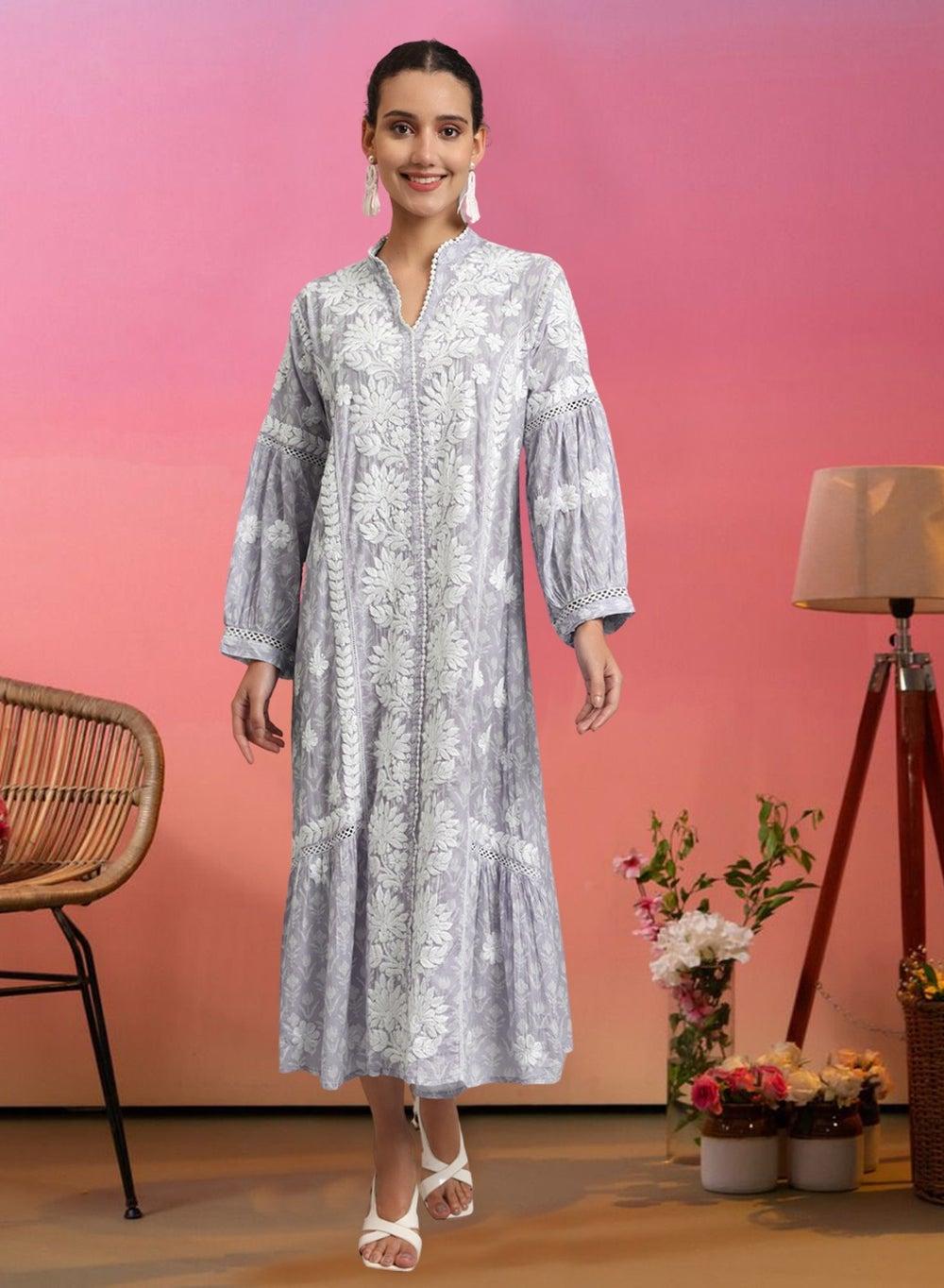 Grey Chikankari Mulmul Jalabiya AL4053 - Image 1