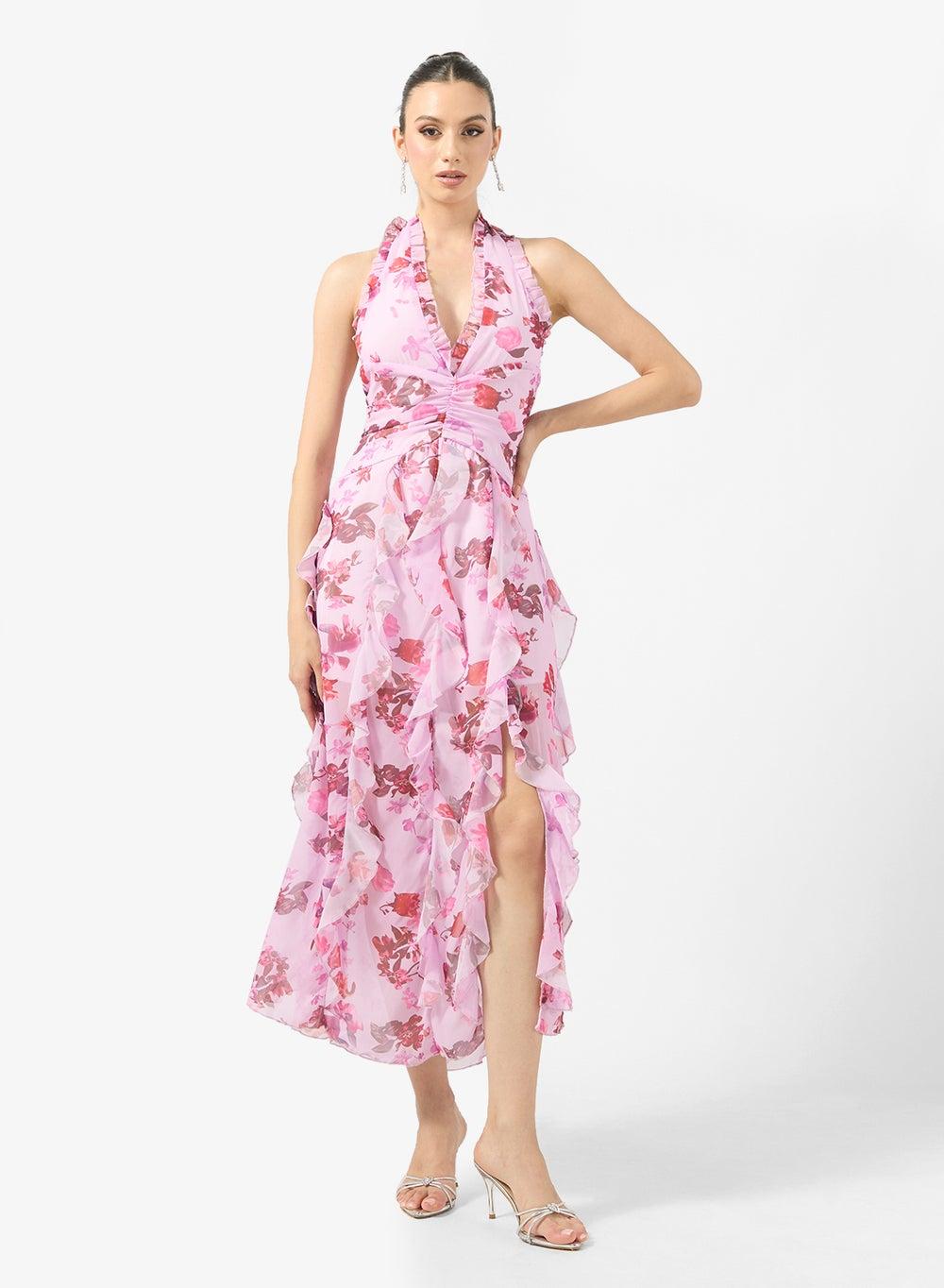 Light Pink Floral Halter Maxi Gown Y250606025 - Image 1