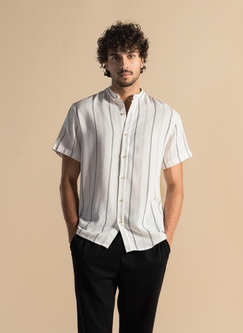Knitted Striped Cotton Shirt – Stand Collar Classic - Image 1