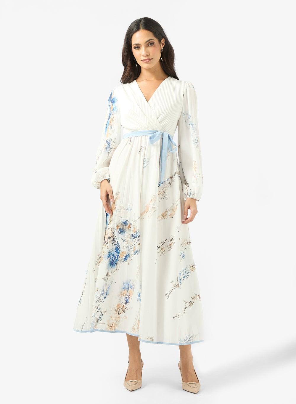 El50611288 White Abstract Floral Wrap Midi Dress - Image 1