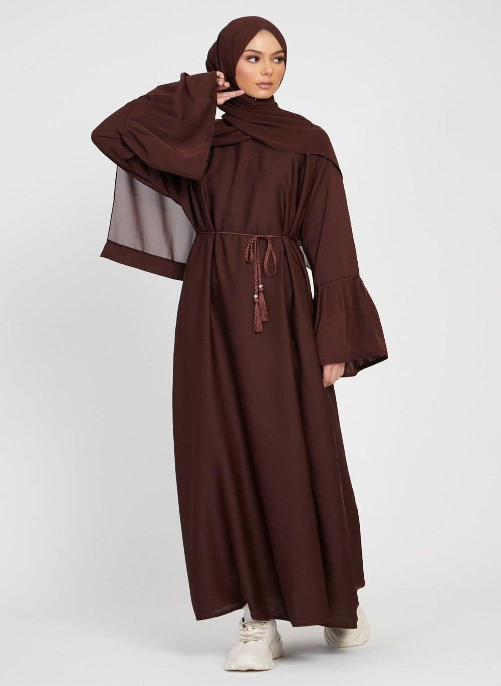 Refined Tan Belted Abaya with Hijab AB79 - Image 1