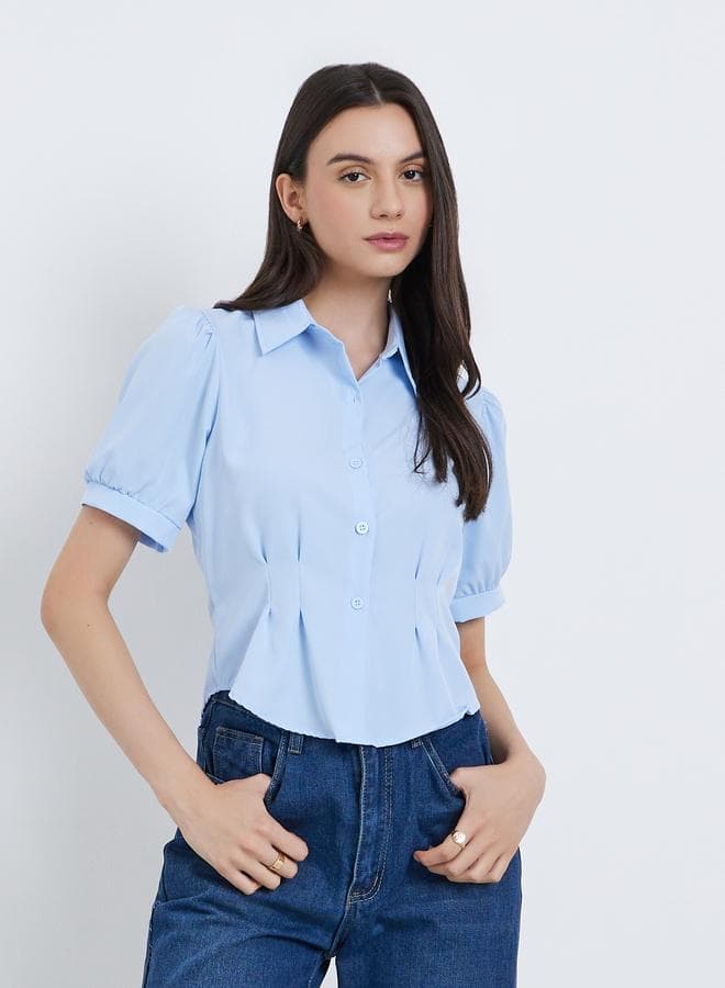 Take Two Blue Puff Sleeve Pleated Shirt - Image 1