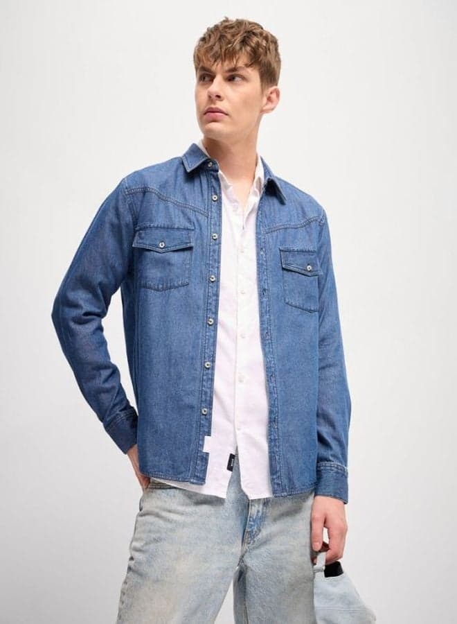 Men’s Medium Blue Cotton Button-Down Shirt Classic Fit - Image 1