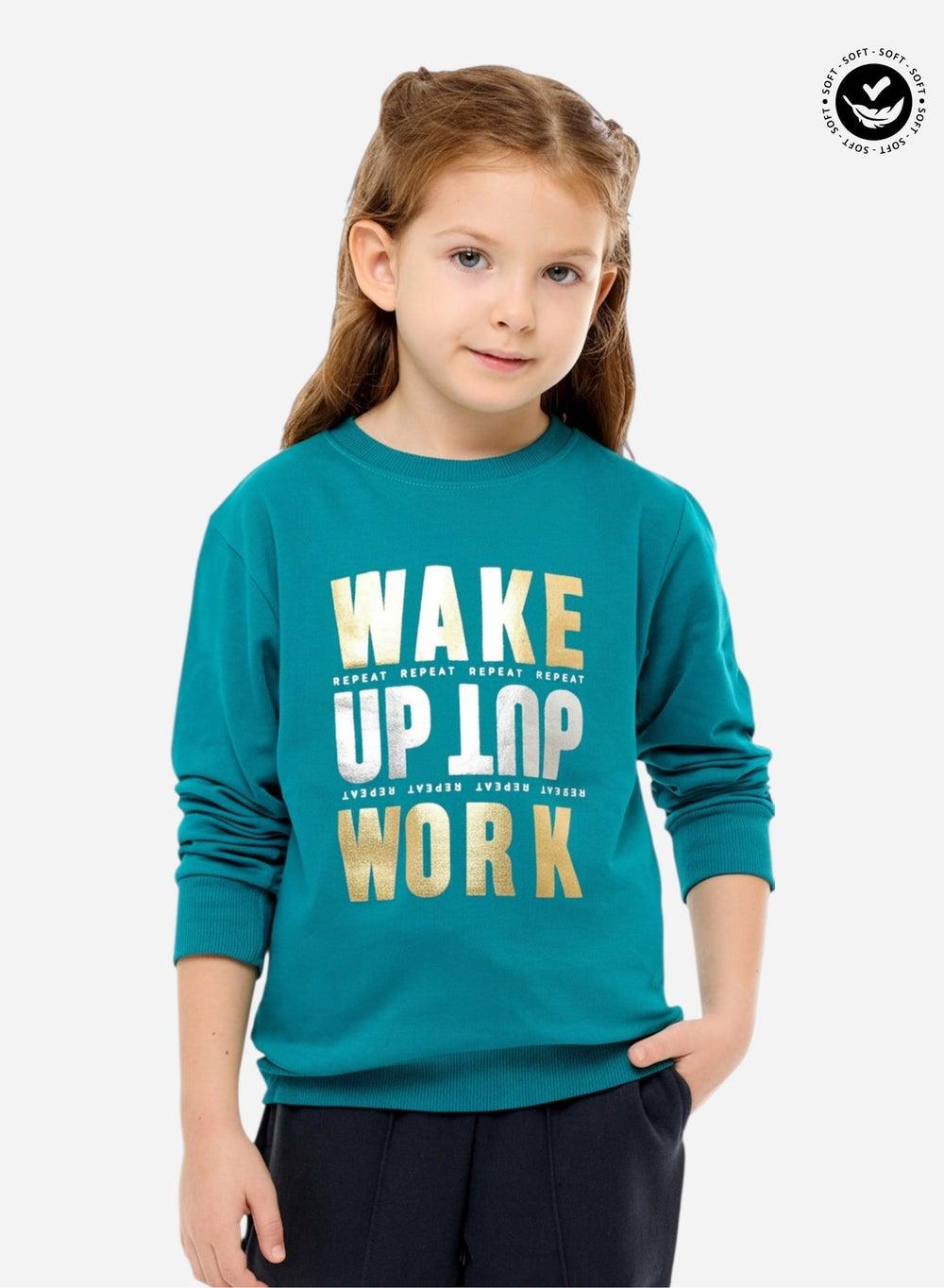 Foil Printed Cotton Sweatshirt – Girls Green Pullover - Image 1
