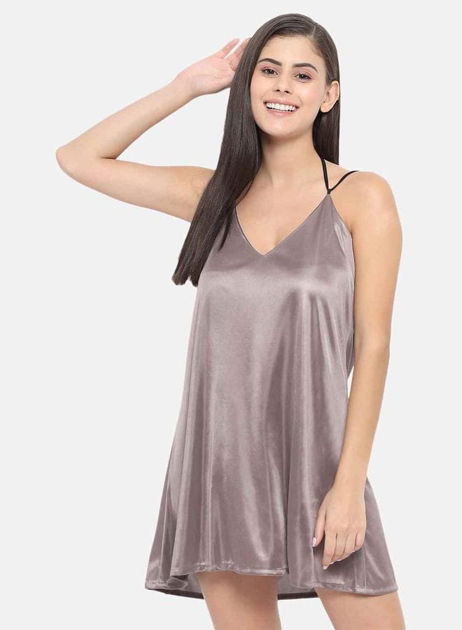 KLAMOTTEN Solid V-Neck Strappy Satin Babydoll - Image 1
