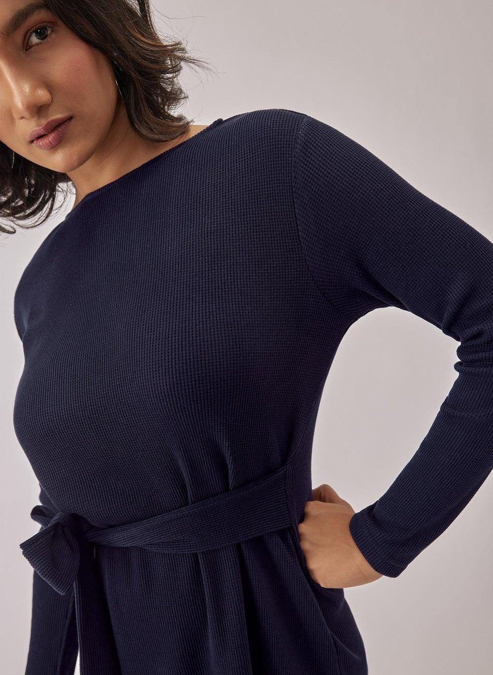Navy Textured Self-Tie Midi Dress – Effortless Fit & Flare - Image 1