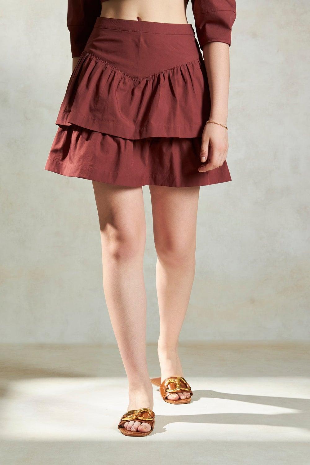 Virgio Cotton Ruffled A-Line Mini Skirt in Chocolate - Image 1