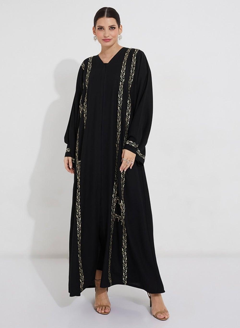 Black Gold Embroidery Wide Sleeve Abaya 52" - Image 1