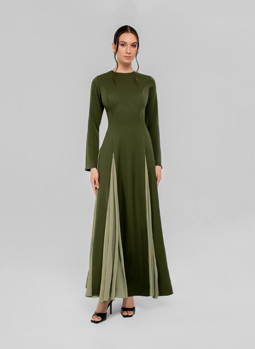 Nourah 2.0 Olive Green Crepe Chiffon Evening Dress - Image 1