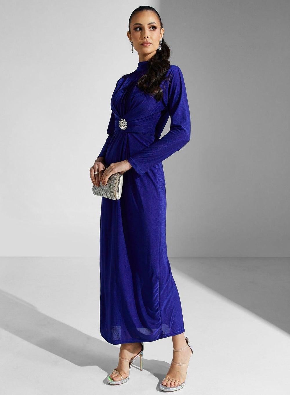 Royal Blue High Neck Evening Dress with Brooch - Image 1