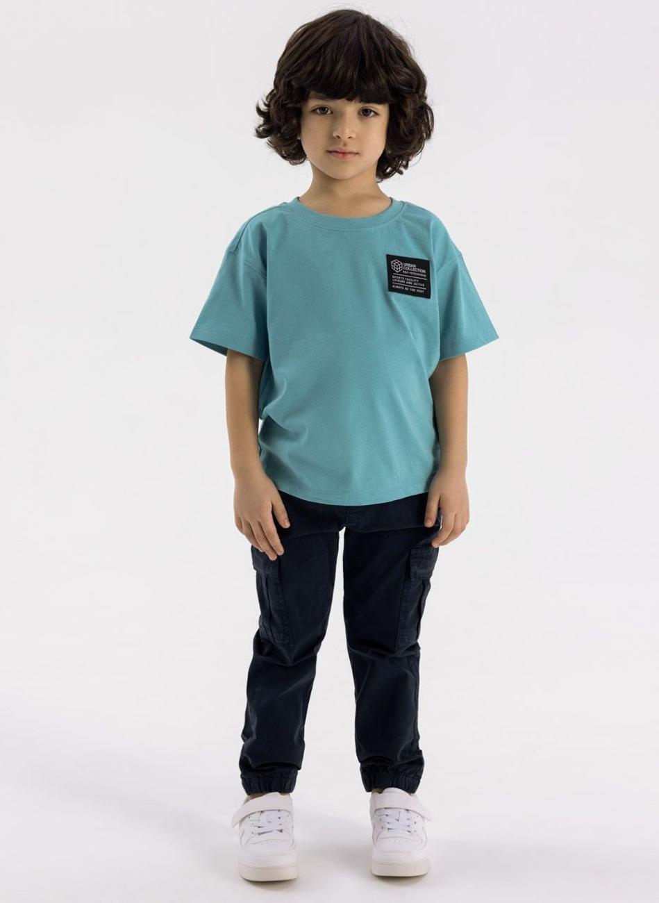 Boys Navy Woven Cargo Trousers Elastic Waist Slim Fit - Image 1
