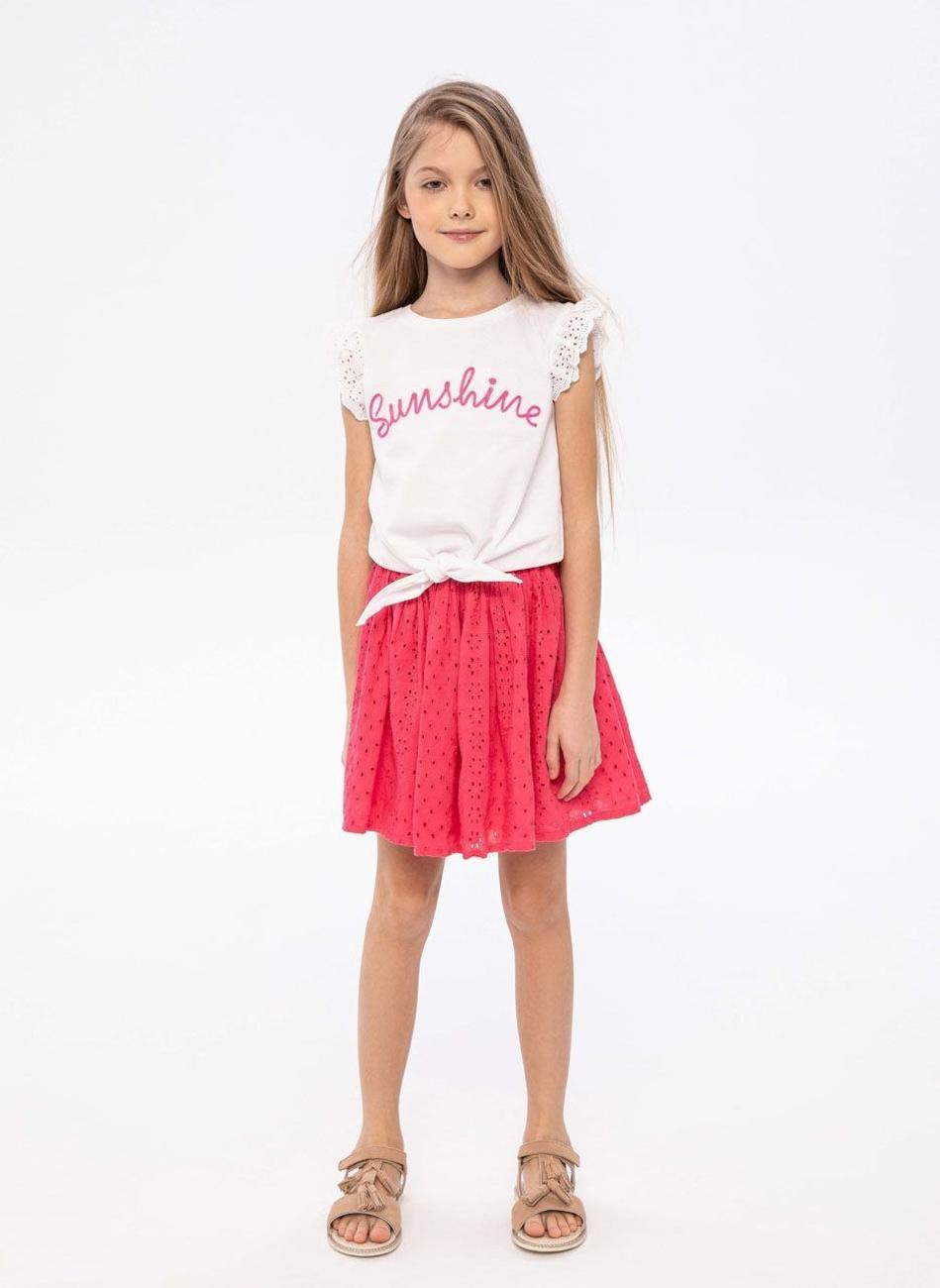 Girls Pink Broderie Anglaise Midi Skirt with Elastic Waist - Image 1