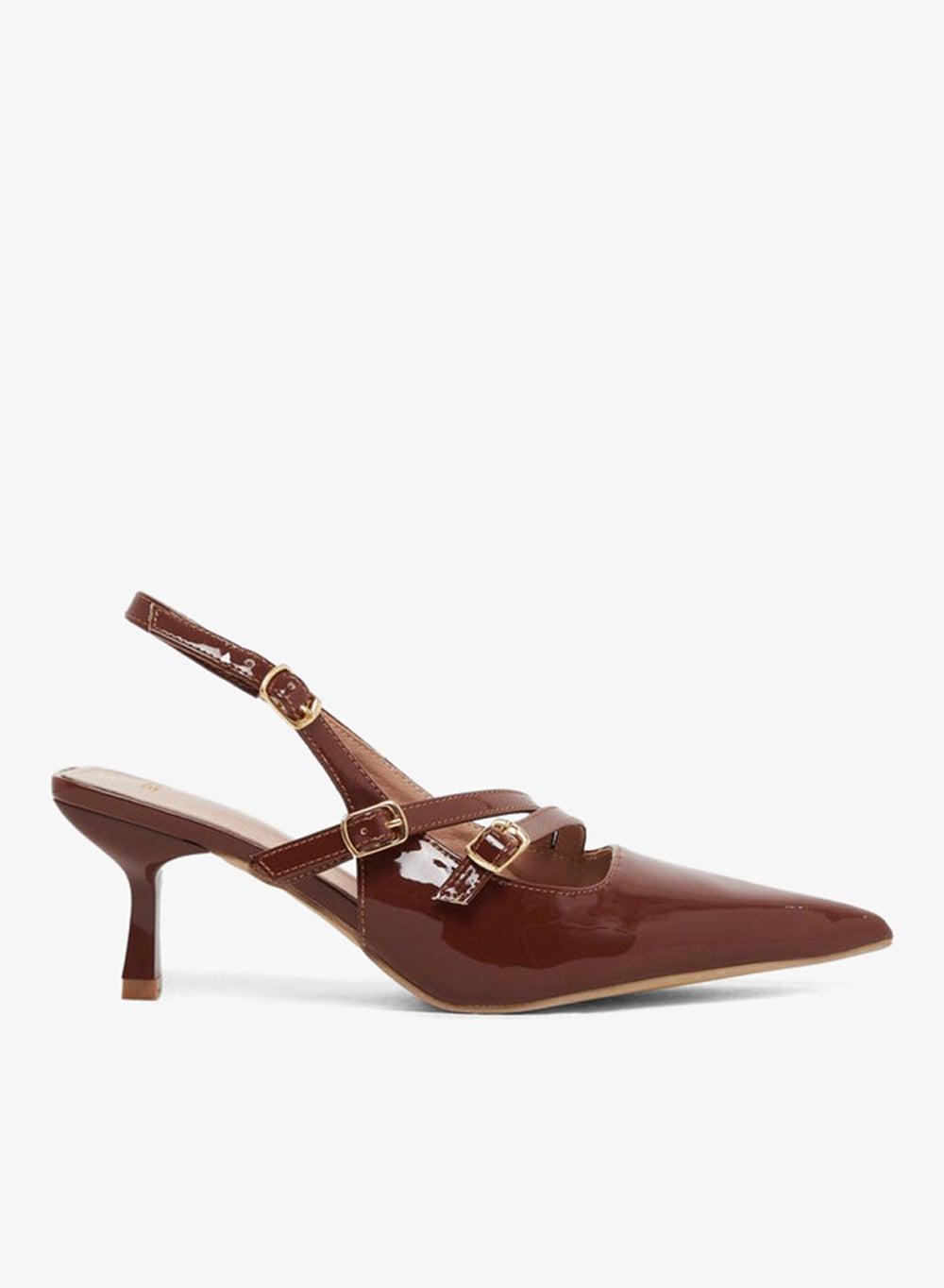 Brown Strappy Buckle Slingback Stiletto Heels 7012682805 - Image 1
