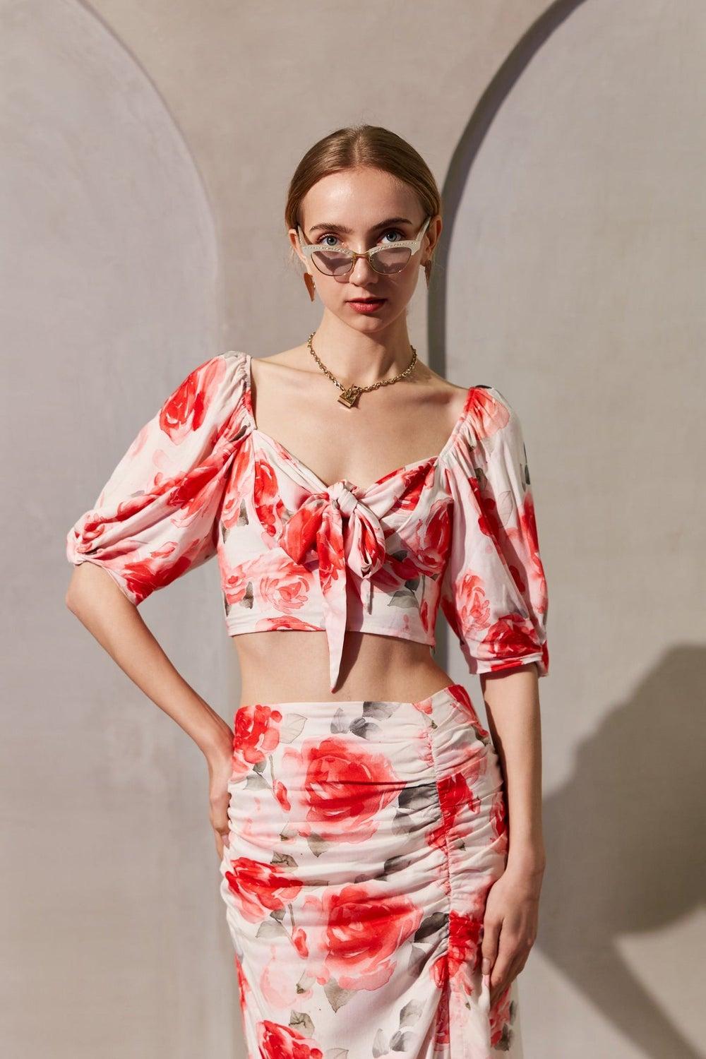 Off-White Floral Front Knot Viscose Puff Sleeve Top - Image 1