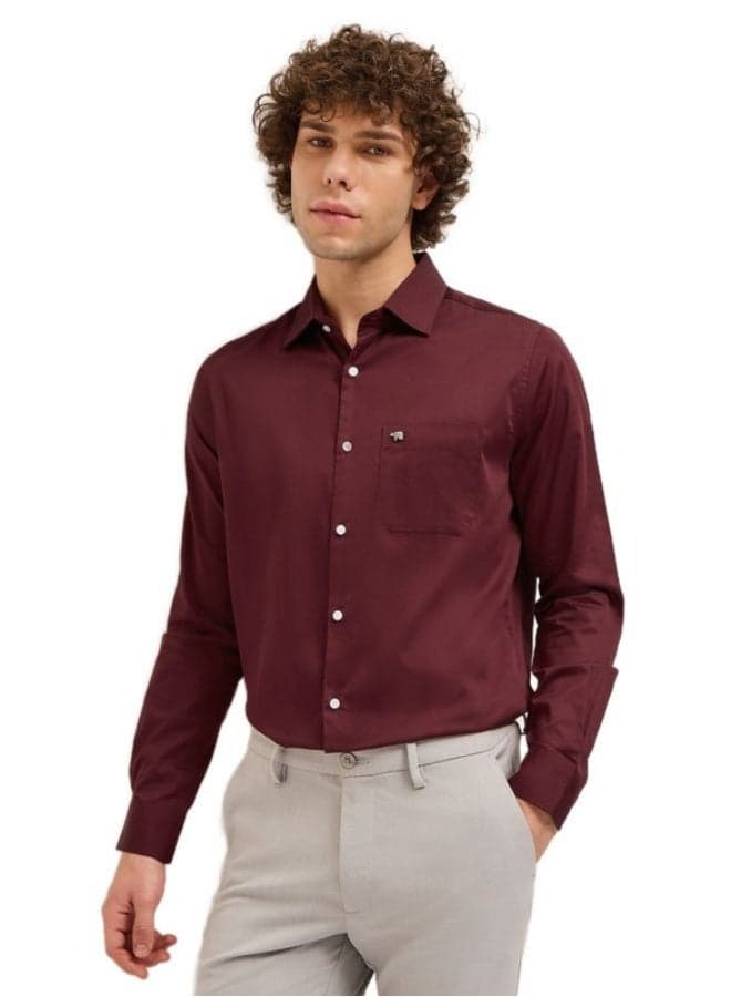 Men’s Maroon Cotton Button-Down Shirt Classic Long Sleeve - Image 1