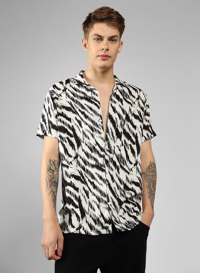 Black Viscose Cuban Collar Relaxed Fit Shirt - Image 1