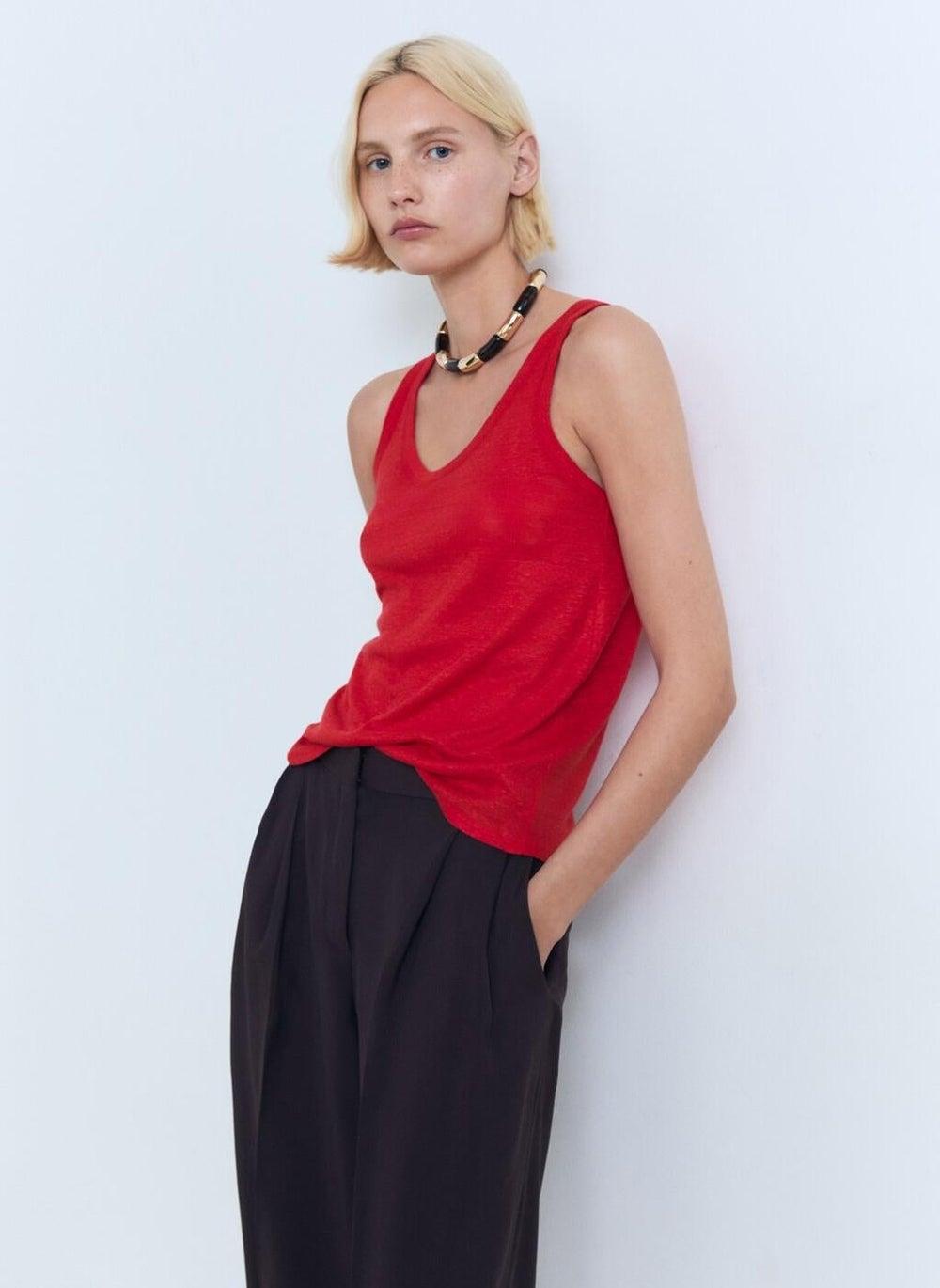 Red Linen Crew Neck Sleeveless Top 17071204 - Image 1