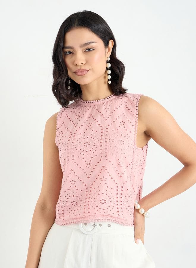 Styli Pink Schiffli Sleeveless Cotton Blouse - Image 1