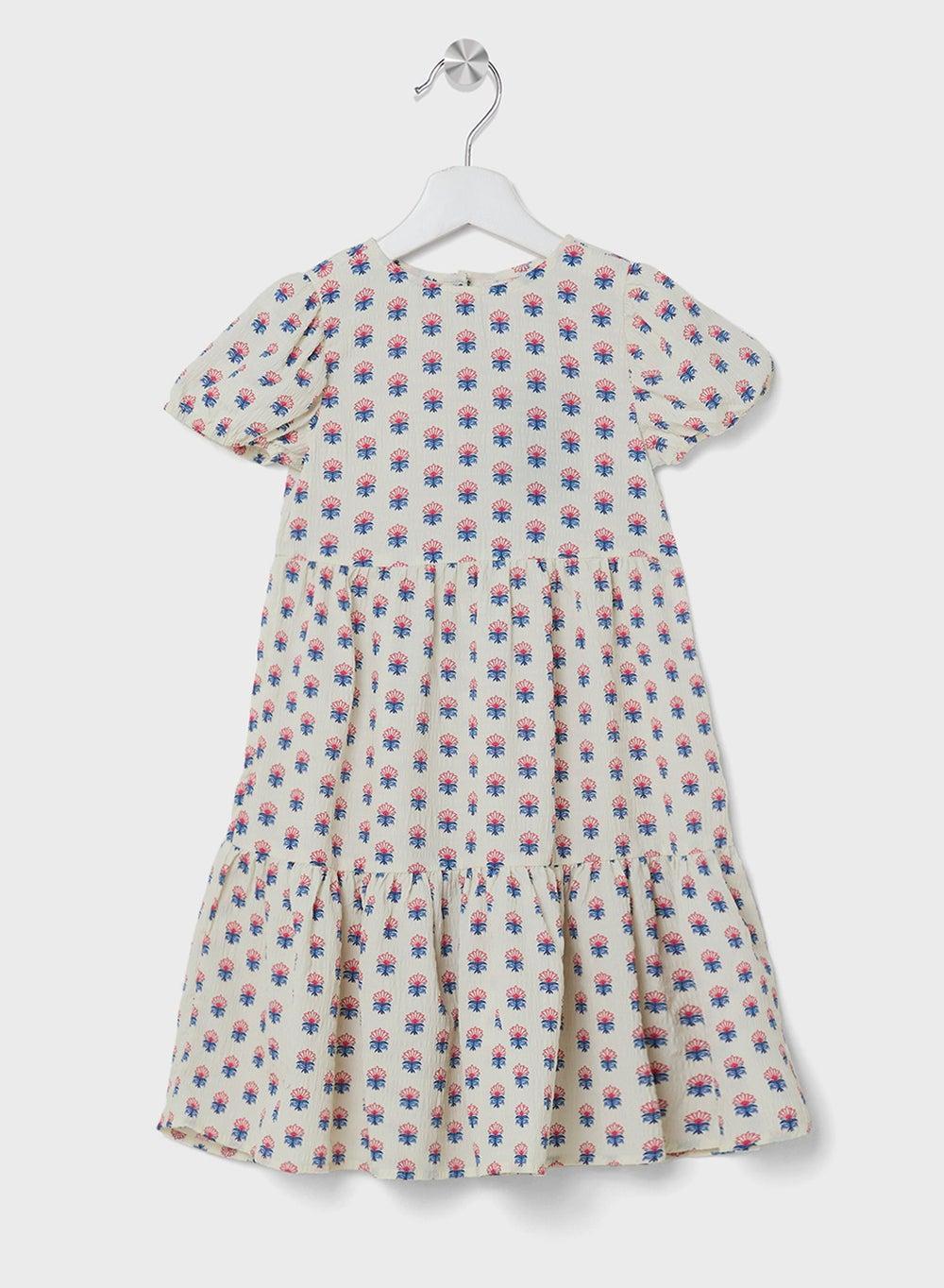 Girls Floral Tiered Midi Dress Cream Print - Image 1