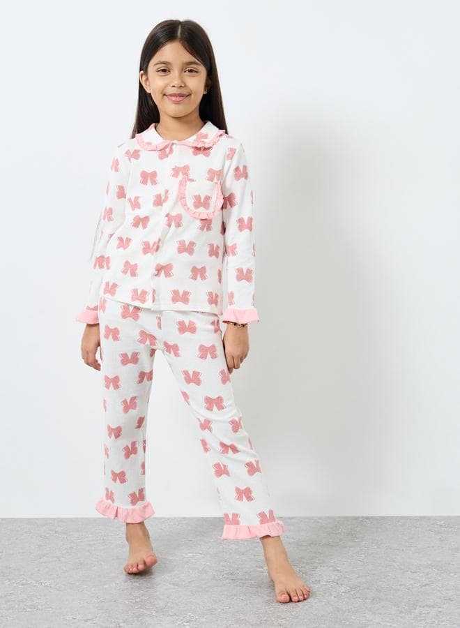 Styli Girls Bow Print Pyjama Set Classic White - Image 1