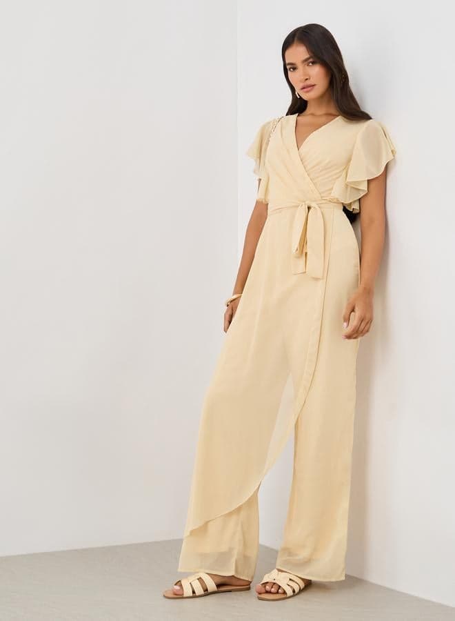 Yellow Ruffled Sleeve V-Neck Wide Leg Jumpsuit - Image 1