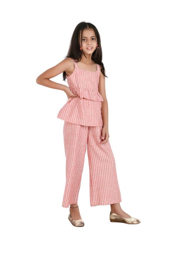 Pink Stripe Cotton Top Palazzo Set for Girls - Image 1