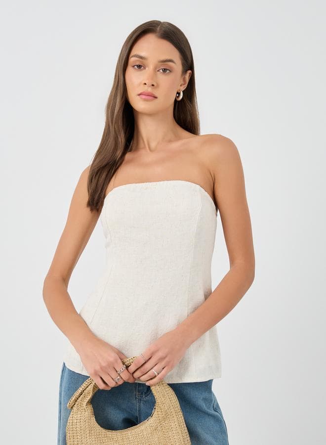 Beige Linen Look Bandeau Tube Top - Image 1