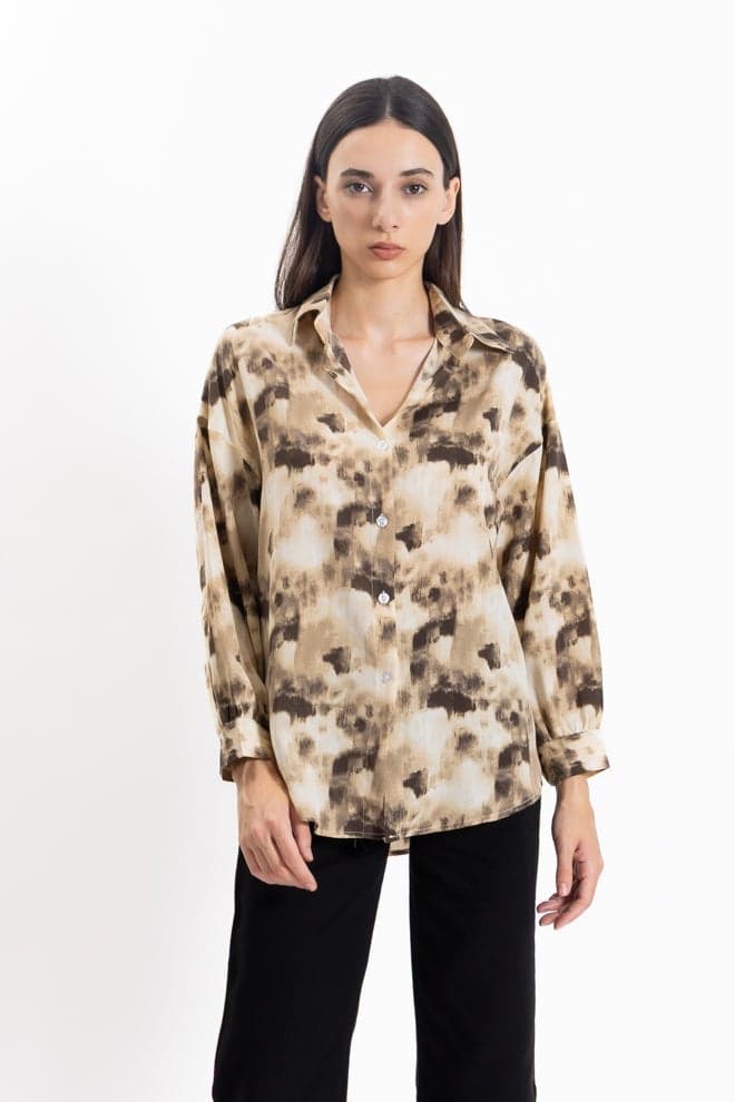 Beige Abstract Print Lightweight V-Neck Shirt - Image 1