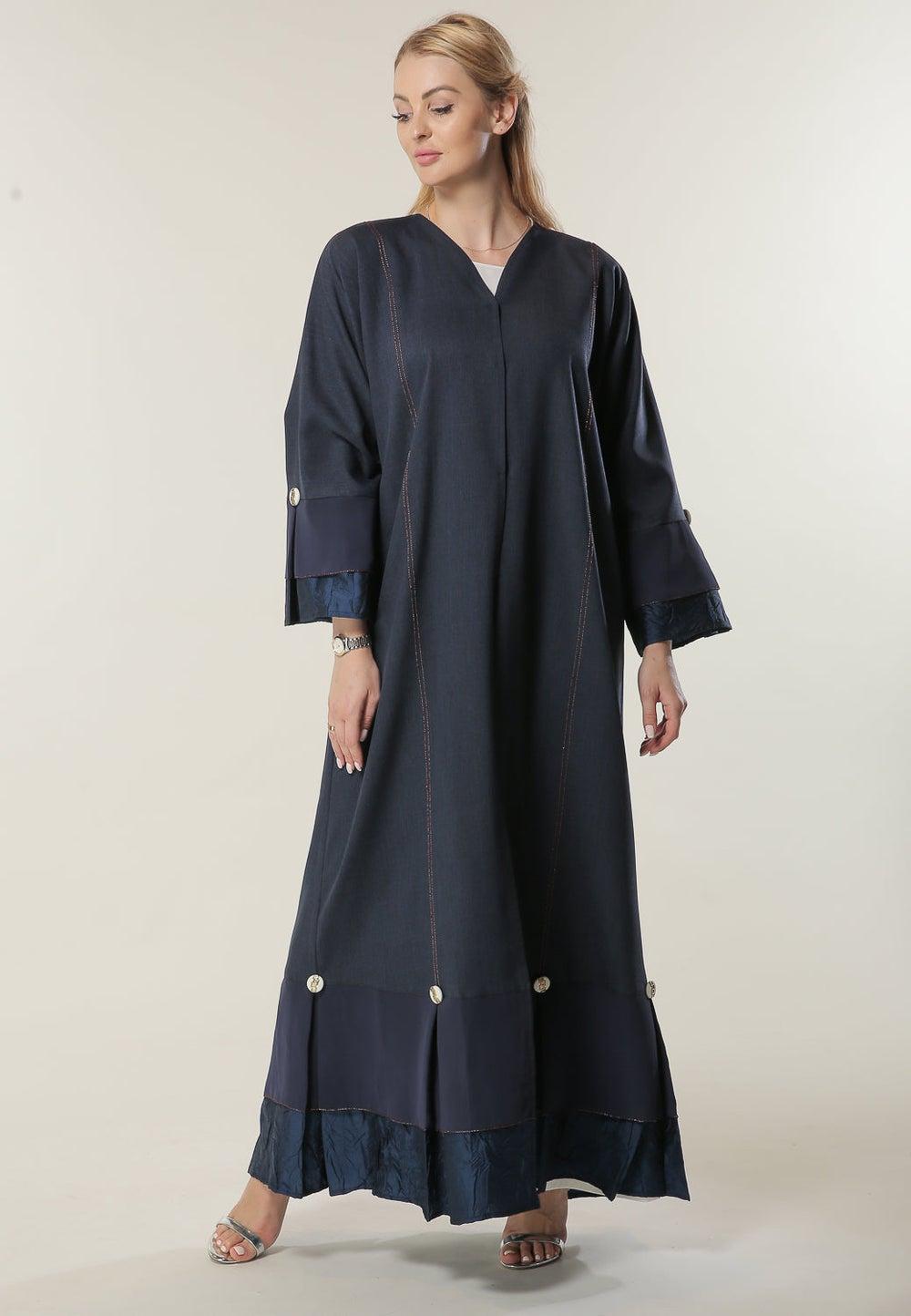Navy Pleated Hem Flared Sleeve Evening Abaya - Image 1