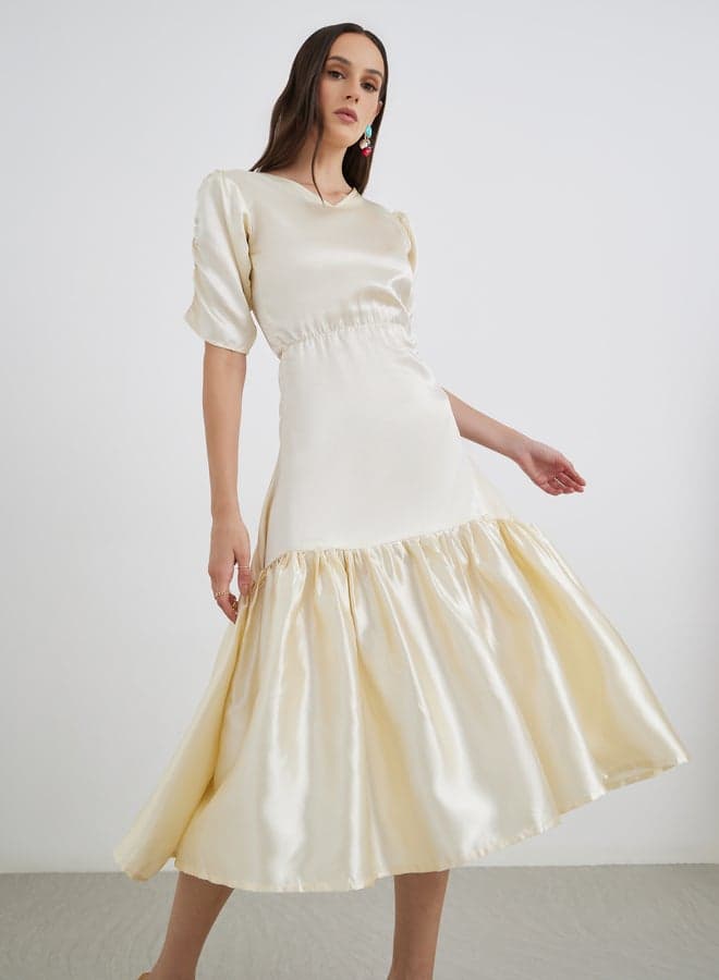 Maxim Creation Cream Satin Ruched Sleeve Midi Dress - Image 1