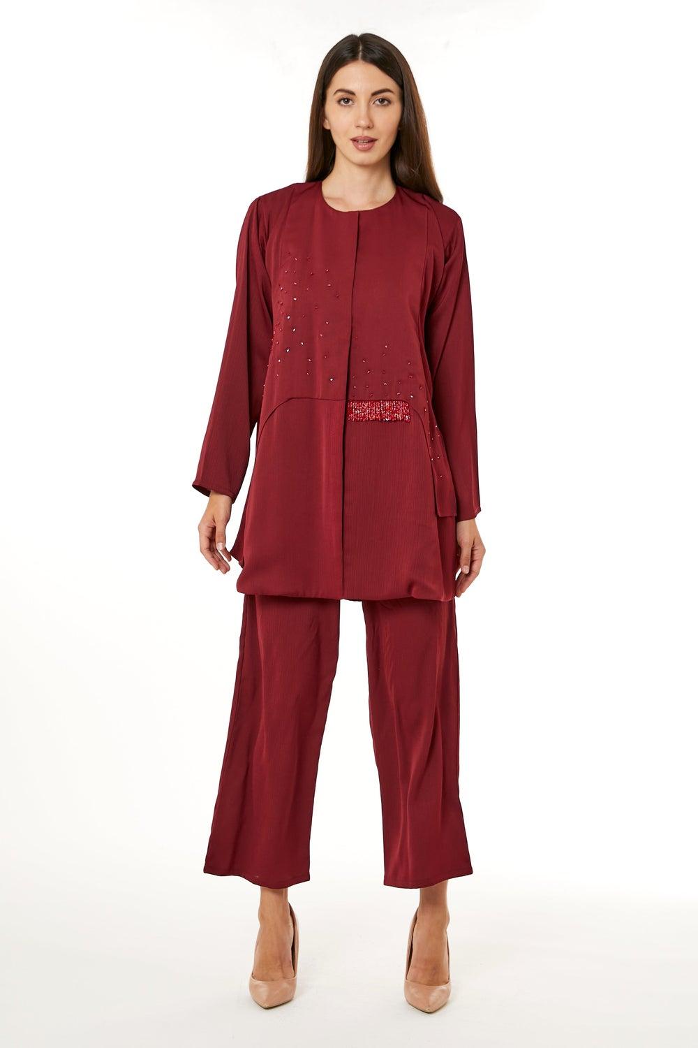 Red Embellished Crew Neck Top & Pant Set - Image 1