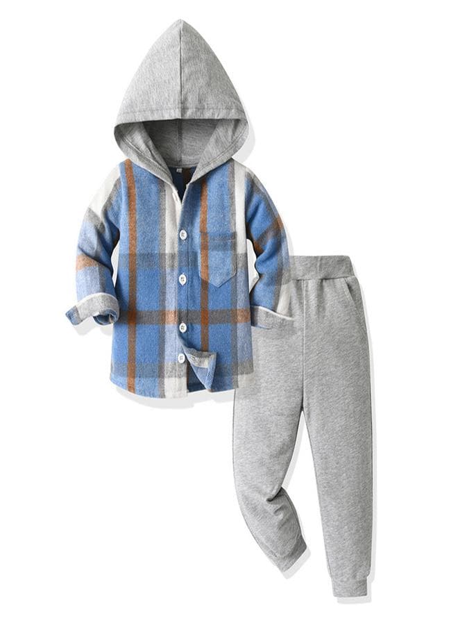 Boys Blue Checked Hooded Shirt & Jogger Set - Image 1