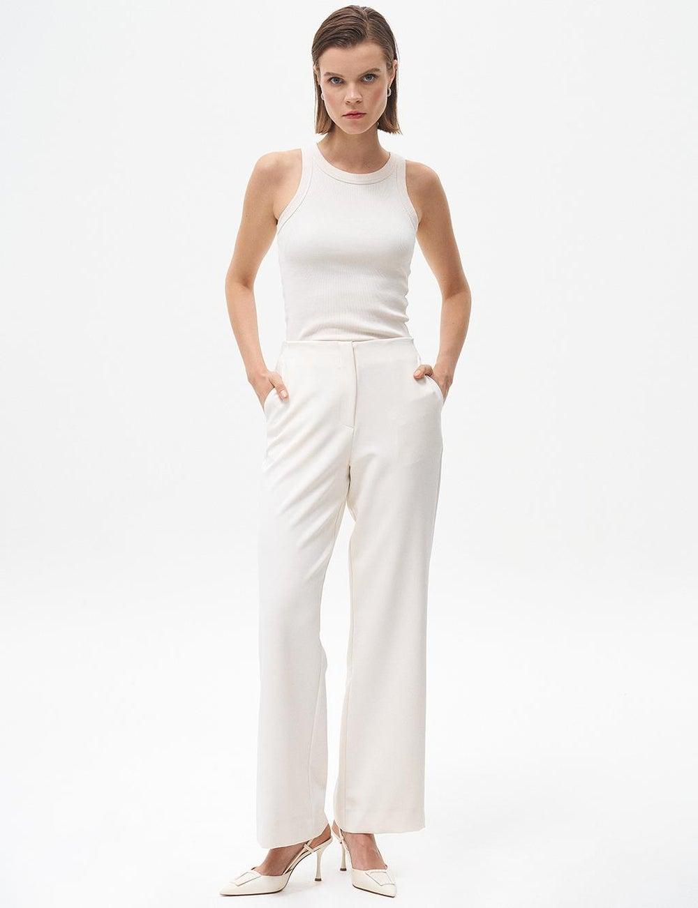 Ecru Elastic Waist Wide-Leg Trousers - Image 1