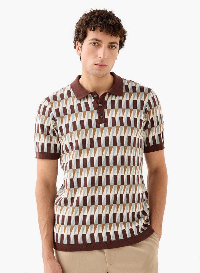 Iconic Jacquard Textured Cotton Polo T-Shirt Brown - Image 1