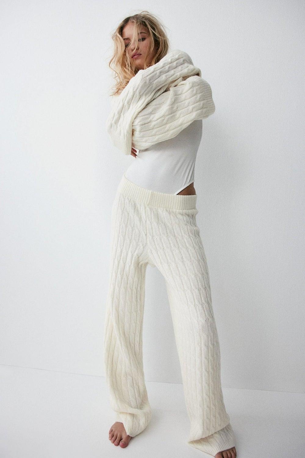 Ivory Cable-Knit Straight-Leg Lounge Trousers - Image 1